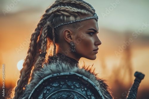 shield maiden warrior at sunset, intricate braided hair adorned with silver beads, wearing traditional fur-trimmed leather armor and holding ancient sword