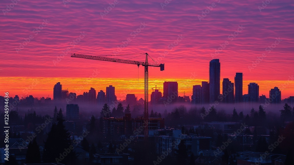 Obraz premium A construction crane silhouetted against a vibrant sunrise over a growing city.