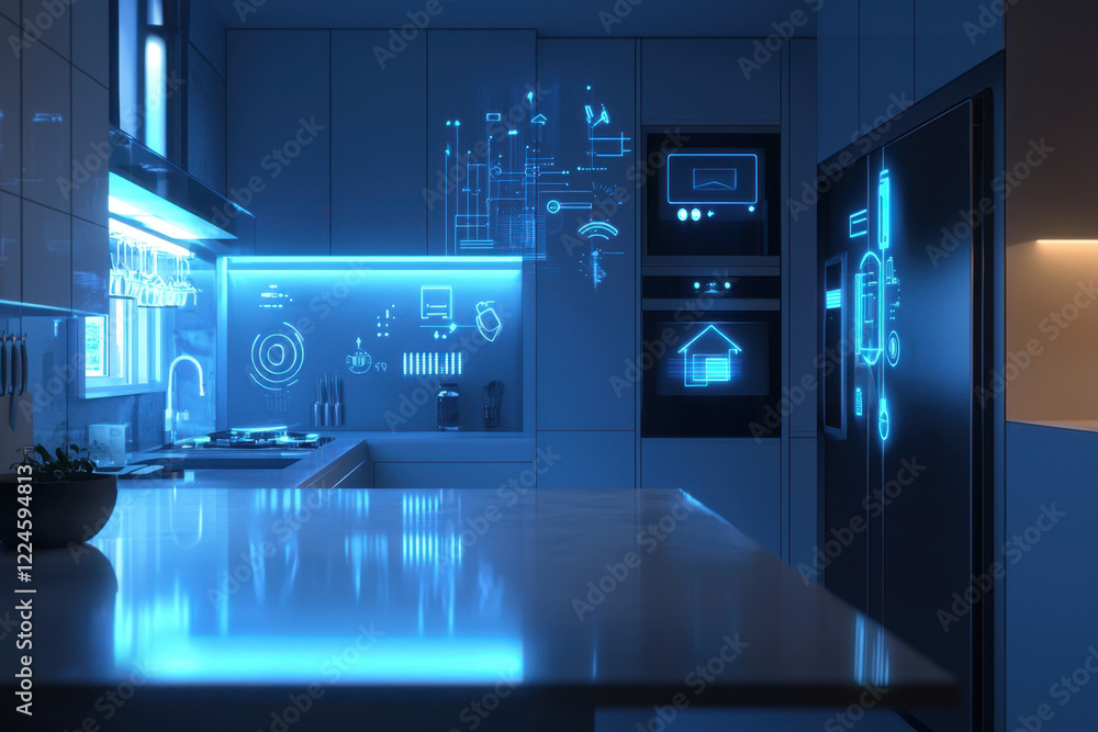 Futuristic smart home control panel with glowing blue digital interfaces and high-tech functionality. Futuristic smart home control panel with glowing blue digital interfaces and high-tech functionality.