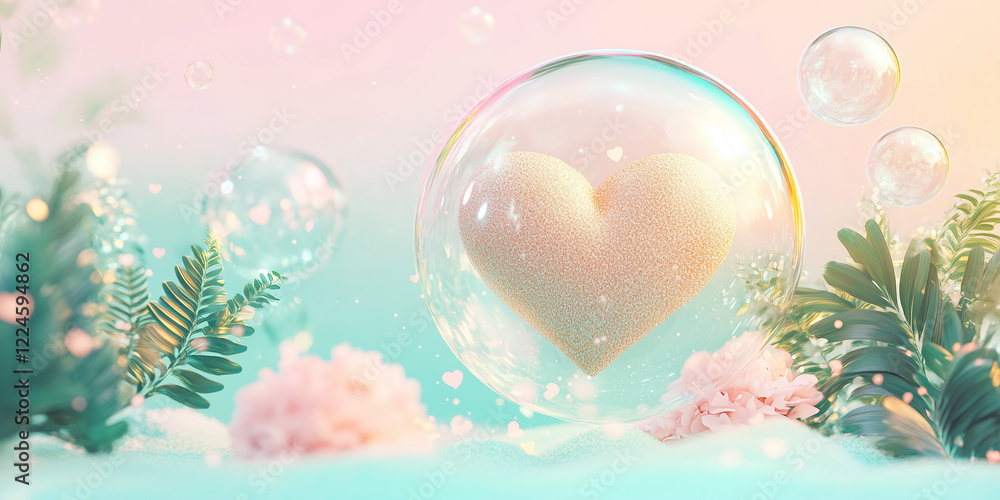 Delicate heart encased in a bubble surrounded by nature elements Delicate heart encased in a bubble surrounded by nature elements