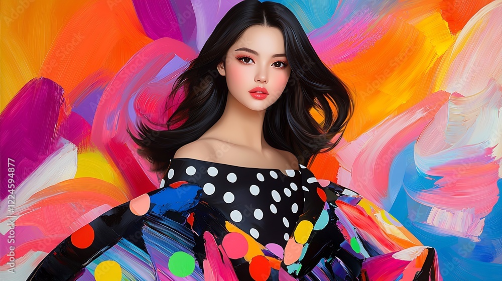 A Young Woman in a Polka Dot Dress Against a Vibrant Abstract Background A Young Woman in a Polka Dot Dress Against a Vibrant Abstract Background