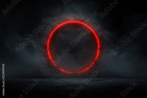 Red Neon Circle, Dark Background, Copy Space.