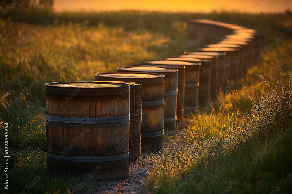 Wooden Barrels in a Golden Hour Field Wooden Barrels in a Golden Hour Field