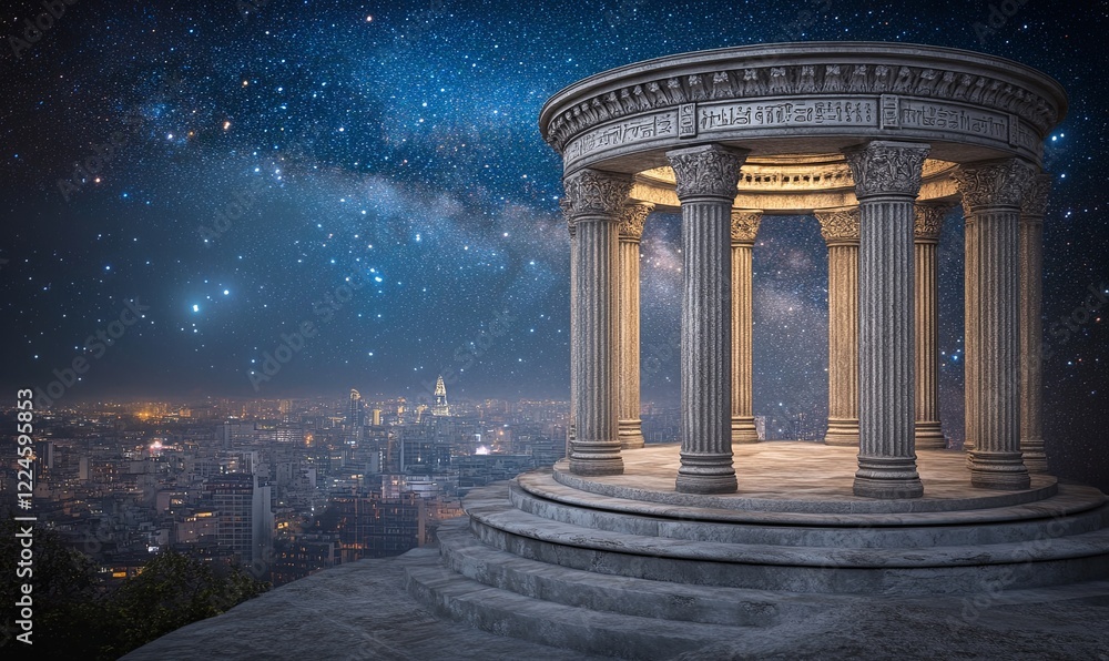 Obraz premium Classical rotunda overlooking cityscape under starry night sky