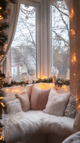 A cozy window seat decorated with holiday cushions and fairy lights.