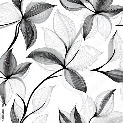 Monochrome floral pattern, elegant leaves, seamless design, white background, textile print