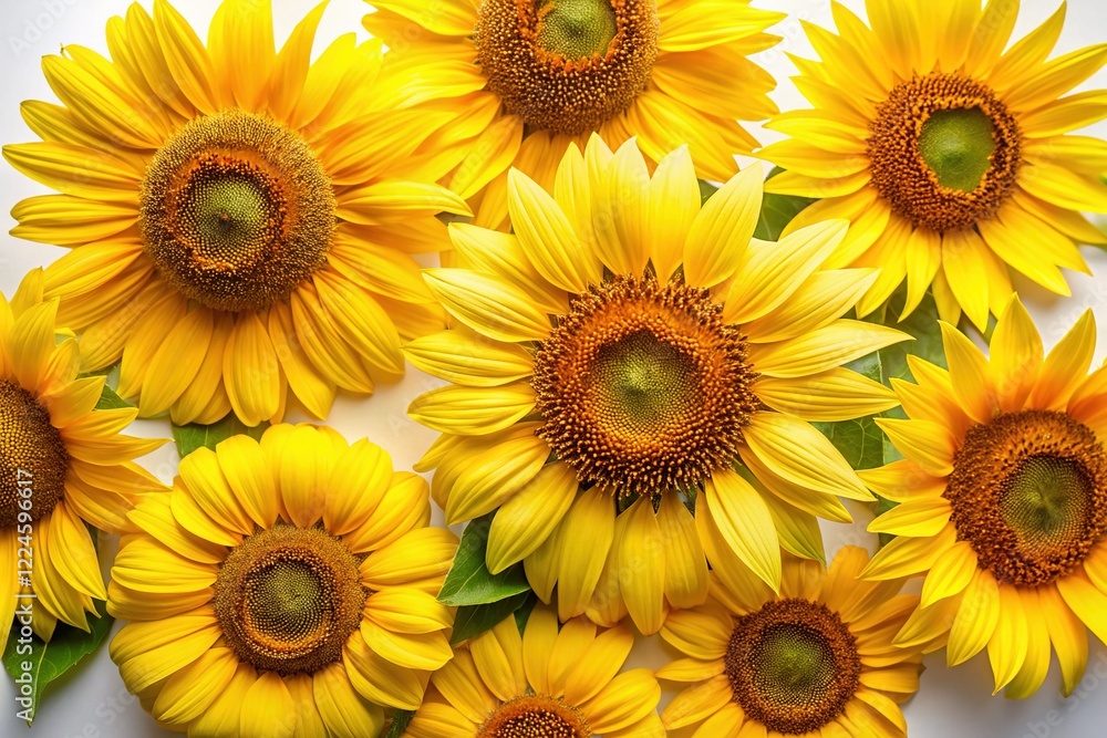 Radiant yellow sunflowers burst against a pristine white backdrop, a vibrant fashion scene. Radiant yellow sunflowers burst against a pristine white backdrop, a vibrant fashion scene.