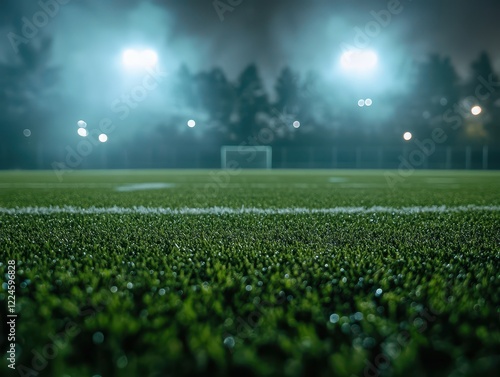 Nighttime Soccer Field with Artificial Lights and Fog Effect