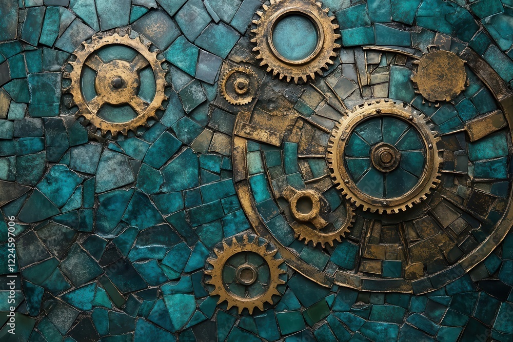 Obraz premium steampunk clockwork mosaic in deep teal and brass, intricate gears seamlessly interlocking with patina textures and metallic highlights