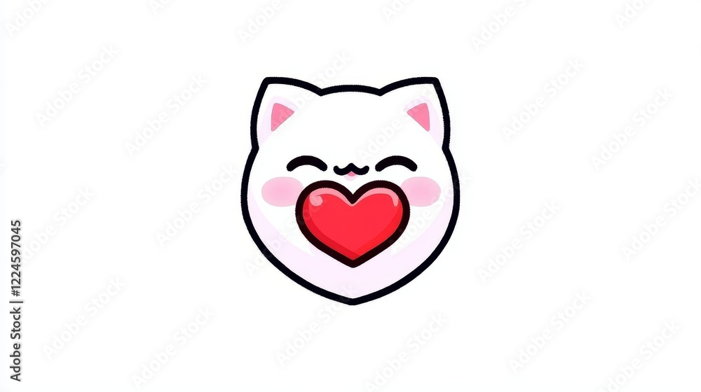 Cute White Kitty Holding Red Heart, Love Emoji Design Cute White Kitty Holding Red Heart, Love Emoji Design