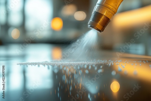 A nozzle sprays a fine mist onto a reflective surface, with blurred warm lights glowing in the background photo