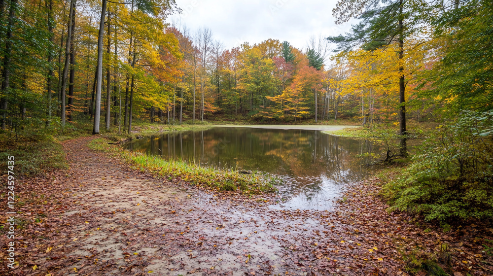 Autumn Forest Pond Scenic Trail Peaceful Nature Fall Leaves Landscape Red Path Park View Trees Woods