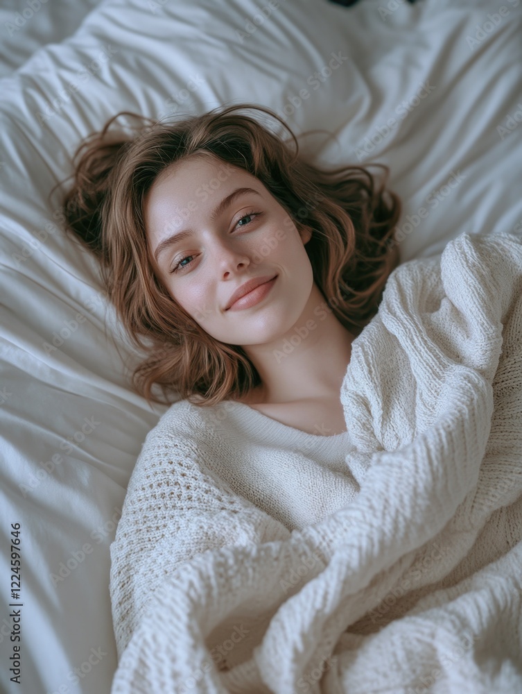 Naklejka premium Young Woman Laying on Bed