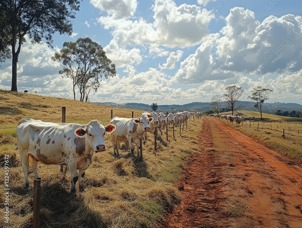 Obraz premium Herd of Dairy Cows Grazing Along Dusty Pathway Under Blue Sky and Fluffy White Clouds on a Sunny Afternoon in Rural Landscape