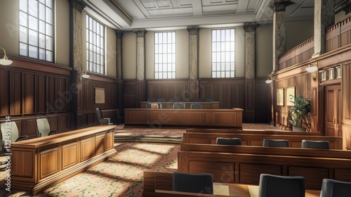 richly designed courtroom for trial sessions, featuring ornate woodwork, high ceilings, and a central area for legal proceedings, creating an atmosphere of solemnity and decorum