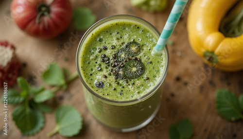 smoothie, Vegetarian healthy green smoothie from avocado, spinach leaves, apple and chia seeds on gray concrete background.  photo