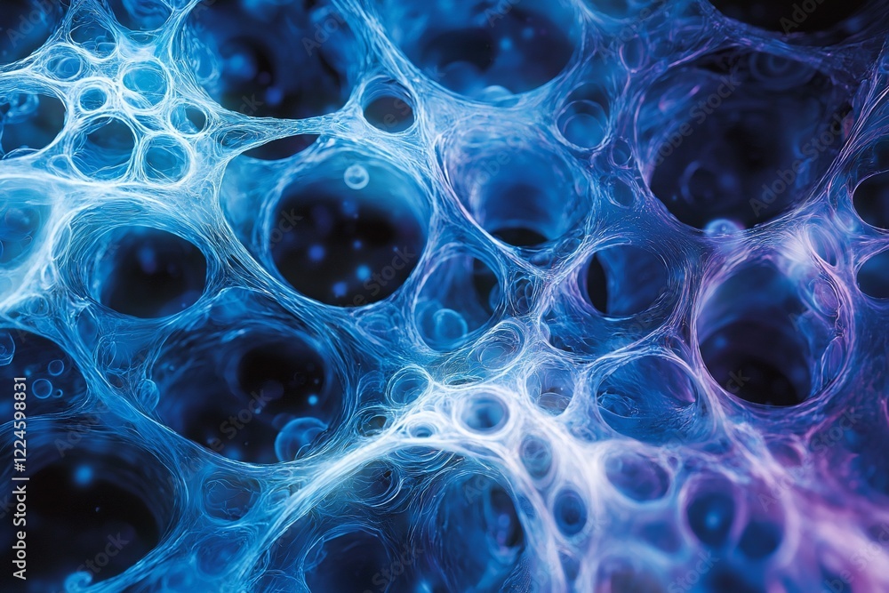 Abstract close-up of blue and purple cellular structures with glowing details, creating an ethereal atmosphere Abstract close-up of blue and purple cellular structures with glowing details, creating an ethereal atmosphere