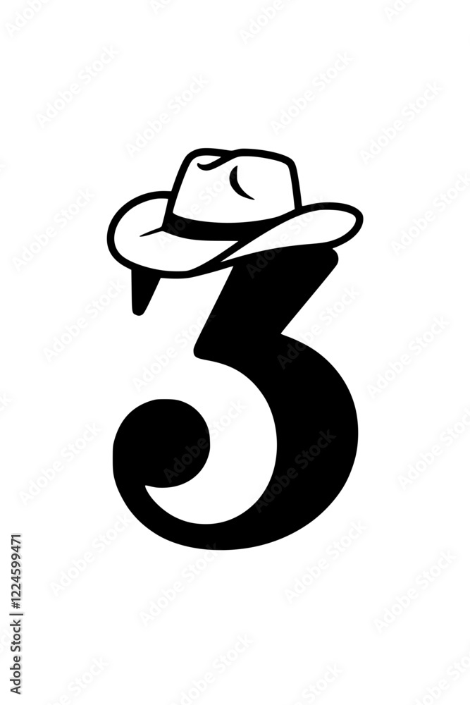 Number 3 with Cowboy Hat Western Style, Black and white stylized illustration of the number Number 3 with Cowboy Hat Western Style, Black and white stylized illustration of the number