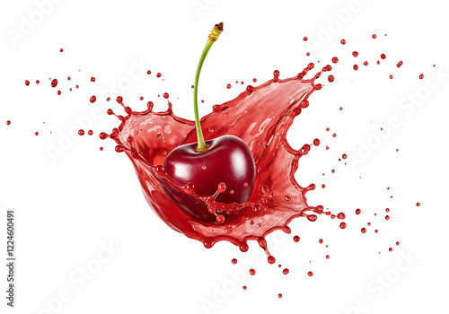 fresh ripe cherry with cherry juice splash isolated on transparent background