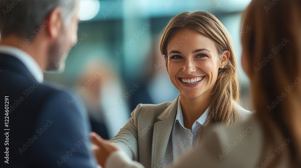 Smiling businesswoman shaking hands, office meeting, colleagues, deal Smiling businesswoman shaking hands, office meeting, colleagues, deal