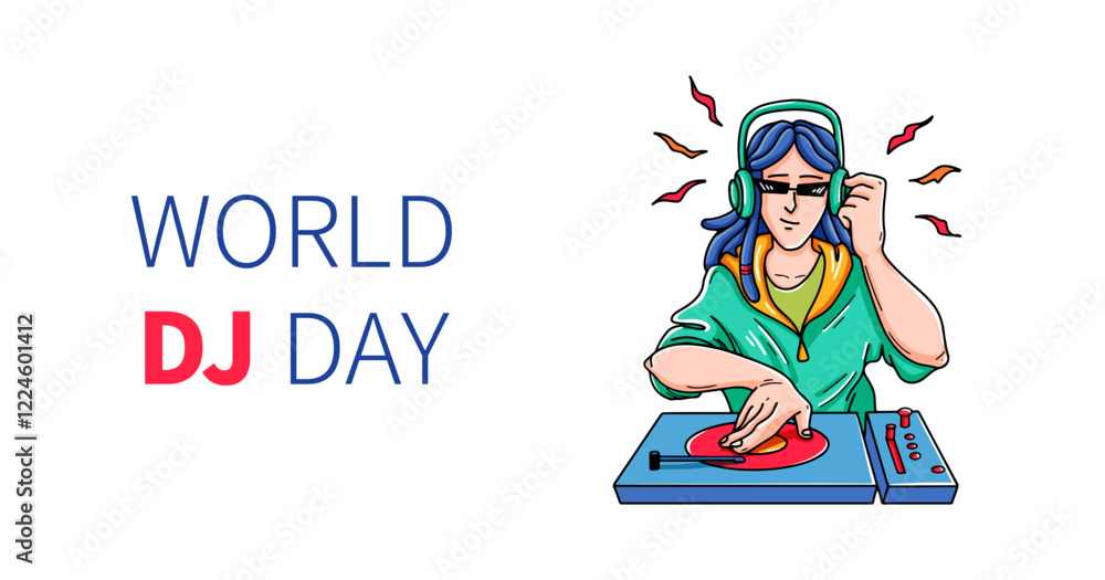 World DJ day greeting banner. Dj character at console. Female and male musicians with turntable mixer. fun and disco party. For social media, websites, and music festivals. Doodle Vector illustration. World DJ day greeting banner. Dj character at console. Female and male musicians with turntable mixer. fun and disco party. For social media, websites, and music festivals. Doodle Vector illustration.