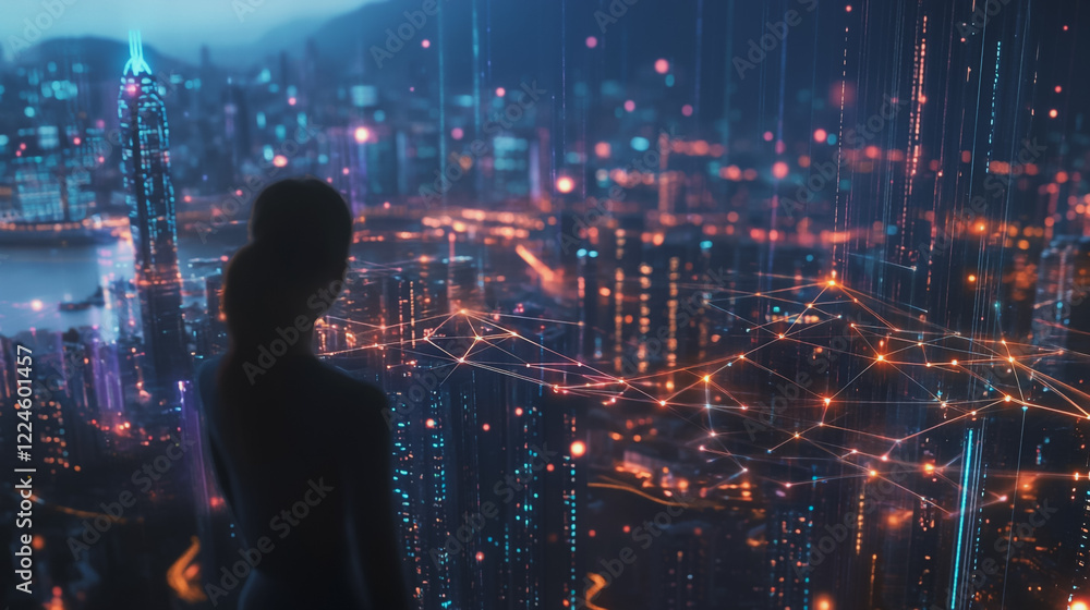 custom made wallpaper toronto digitalAbstract business woman stands on Smart digital Innovation city with connection network reciprocity over the twilight cityscape. of future wireless digital city and social media networking systems