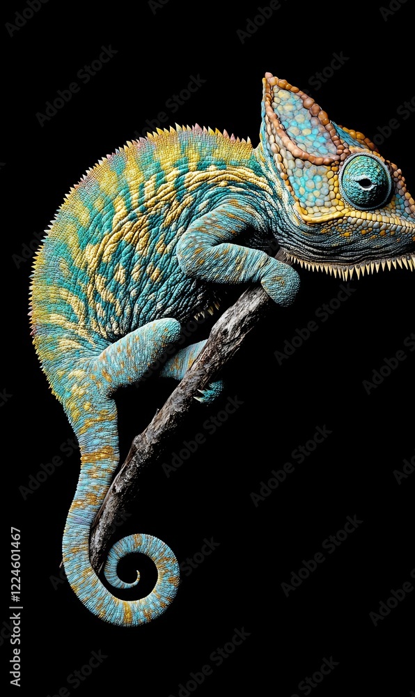 Fototapeta premium Colorful chameleon on branch, black background, nature photography, reptile portrait