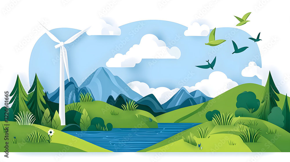 Obraz premium Wind Turbine Featuring a Sustainable and Renewable Energy Concept flat illustration. Earth Day 