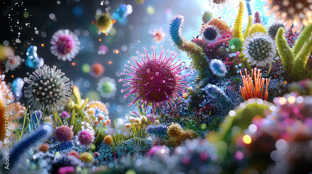Obraz premium Colorful microbes and viruses in vibrant microscopic world, showcasing diverse shapes and textures, creating lively and dynamic scene