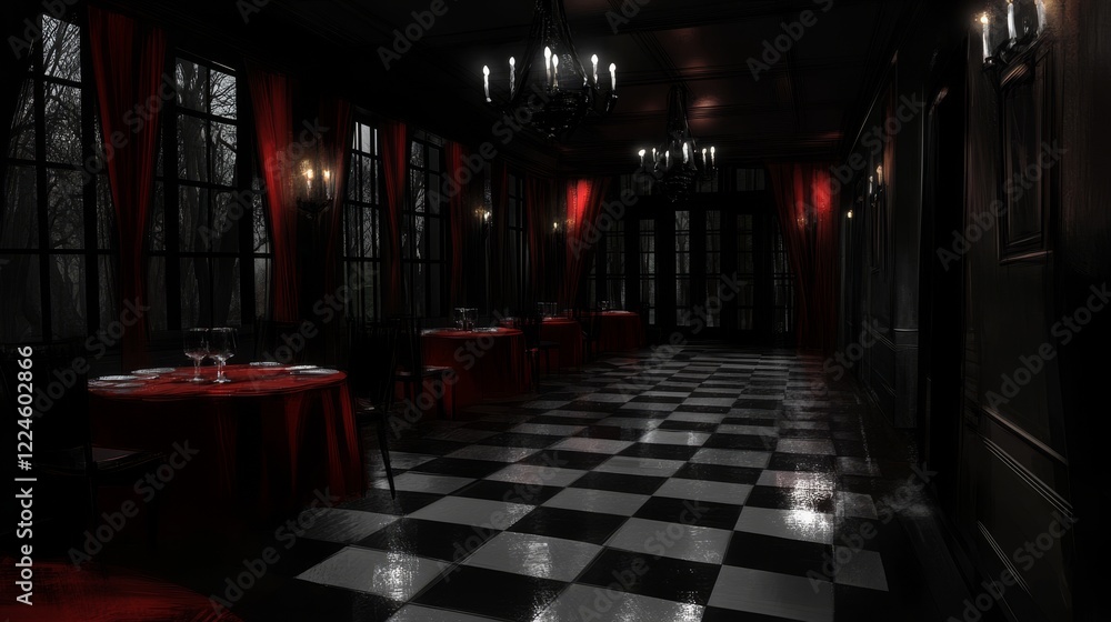 Fototapeta premium Dark Elegant Dining Hall with Red Drapes and Checkerboard Floor