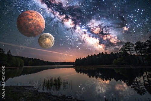 Double Earth: Long Exposure of Two Planets Rising Over a Serene Landscape photo