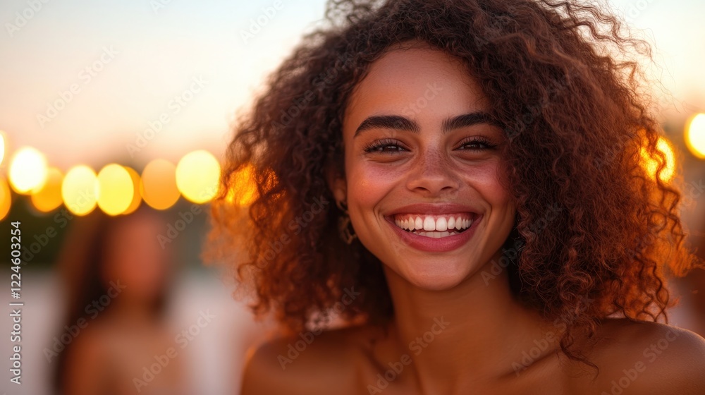 Joyful expression radiates warmth in sunset glow, surrounded by Joyful expression radiates warmth in sunset glow, surrounded by