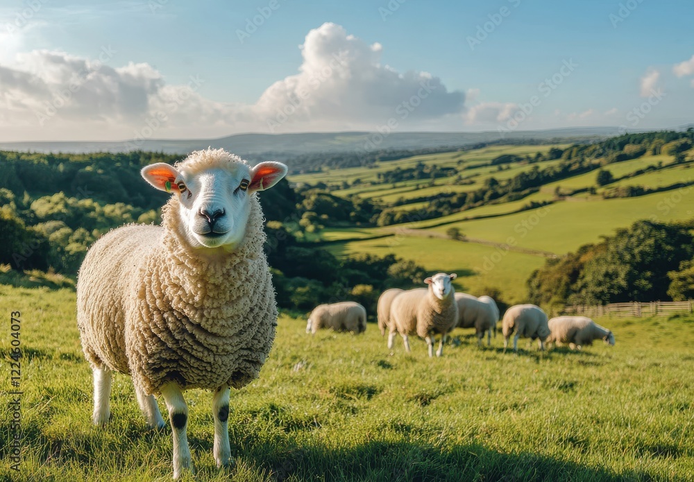 Fototapeta premium Picturesque Rural Landscape Featuring a Charming Sheep in Focus, Surrounded by Lush Green Fields and Rolling Hills Under a Bright Blue Sky