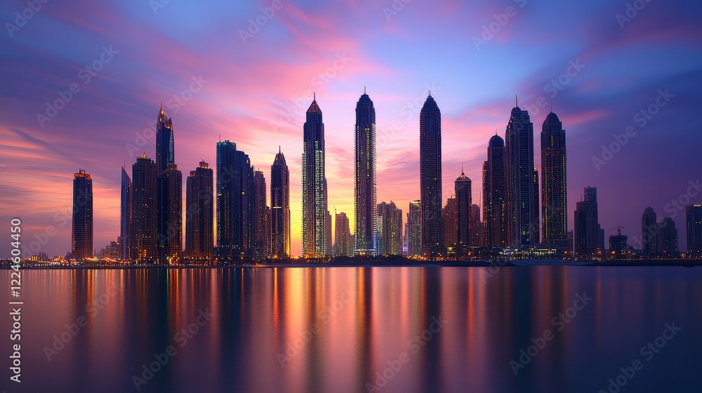 A glowing urban skyline at dusk, with towering skyscrapers reflecting the colors of the setting sun. A glowing urban skyline at dusk, with towering skyscrapers reflecting the colors of the setting sun.