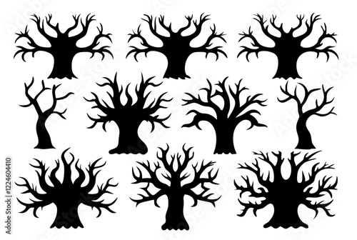 Eerie tree set silhouette design black symbol eerie tree icon vector art design