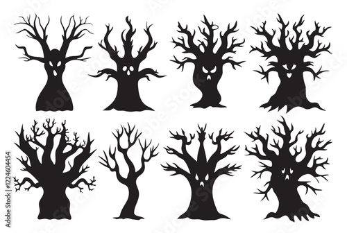 Eerie tree set silhouette design black symbol eerie tree icon vector art design