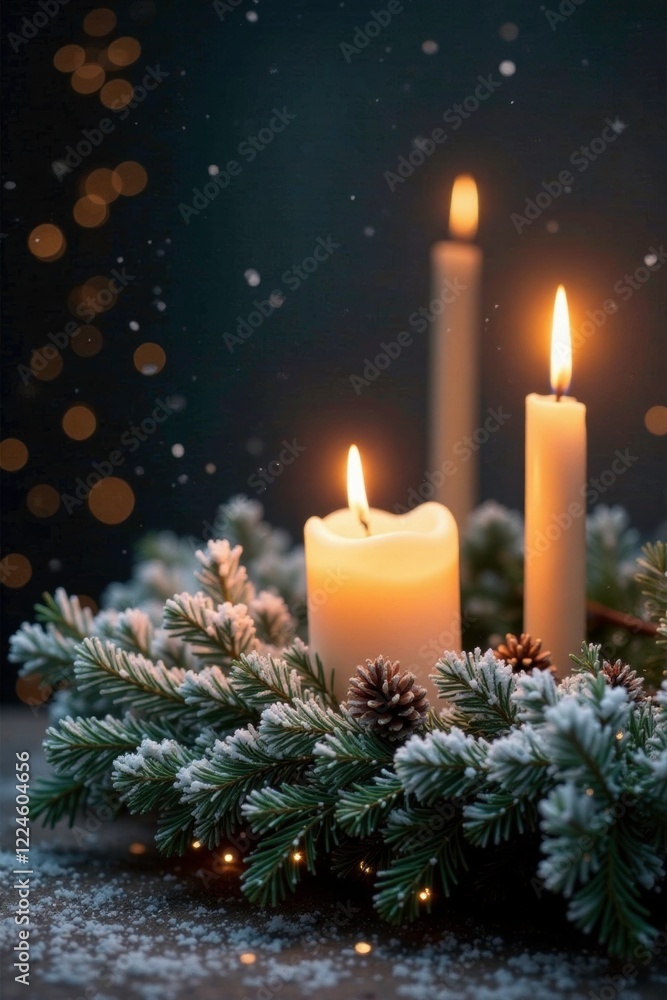 Sparkling snow-covered evergreen branch with candles, whitened, Christmas, wooden Sparkling snow-covered evergreen branch with candles, whitened, Christmas, wooden