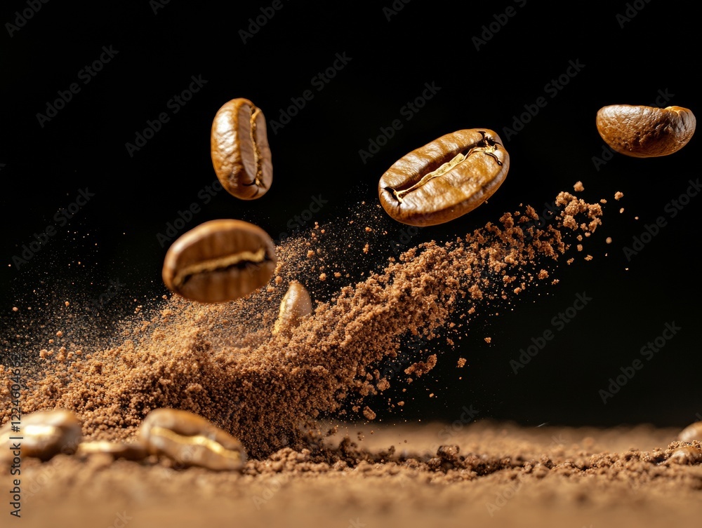 Coffee beans are suspended in mid-air, surrounded by a cloud of ground coffee, creating a dynamic and energetic scene against a dark background. Coffee beans are suspended in mid-air, surrounded by a cloud of ground coffee, creating a dynamic and energetic scene against a dark background.