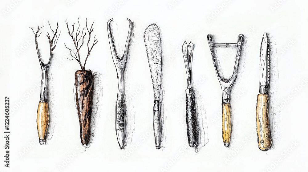 Gardening tools illustration featuring various hand tools for planting and digging. Perfect for gardening enthusiasts and educational purposes Gardening tools illustration featuring various hand tools for planting and digging. Perfect for gardening enthusiasts and educational purposes