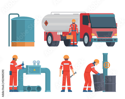 Oil and Gas Industry Workers Collection with Pipes and Industrial Elements. Editable Vector Illustration, Easy to Customize	