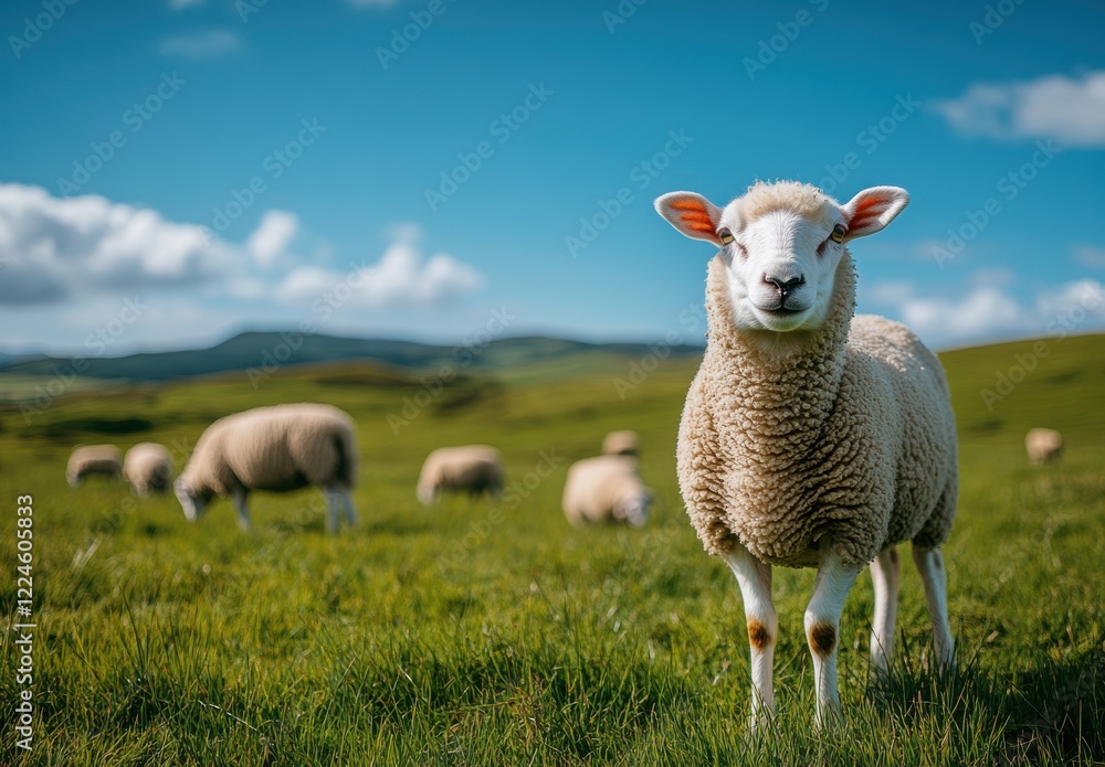 Relaxed Sheep Grazing on Lush Green Pasture Under Clear Blue Sky, Capturing the Essence of Rural Countryside and Serenity in Nature's Bounty Relaxed Sheep Grazing on Lush Green Pasture Under Clear Blue Sky, Capturing the Essence of Rural Countryside and Serenity in Nature's Bounty