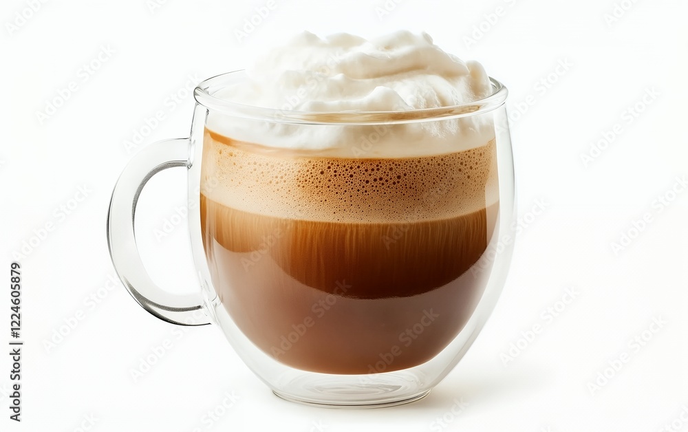 Hot cappuccino in a sleek double-wall glass mug with frothy whipped foam and rich coffee layers for a sophisticated coffee moment Hot cappuccino in a sleek double-wall glass mug with frothy whipped foam and rich coffee layers for a sophisticated coffee moment