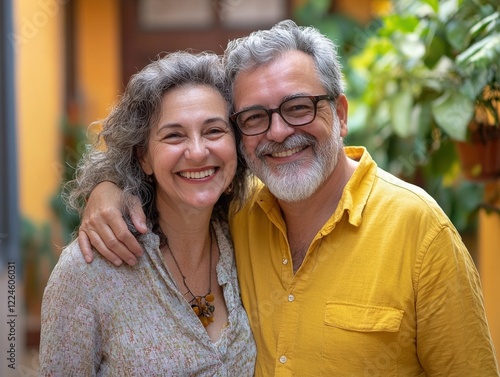 A mature couple smiling after finalizing a real estate purchase with an agent. photo