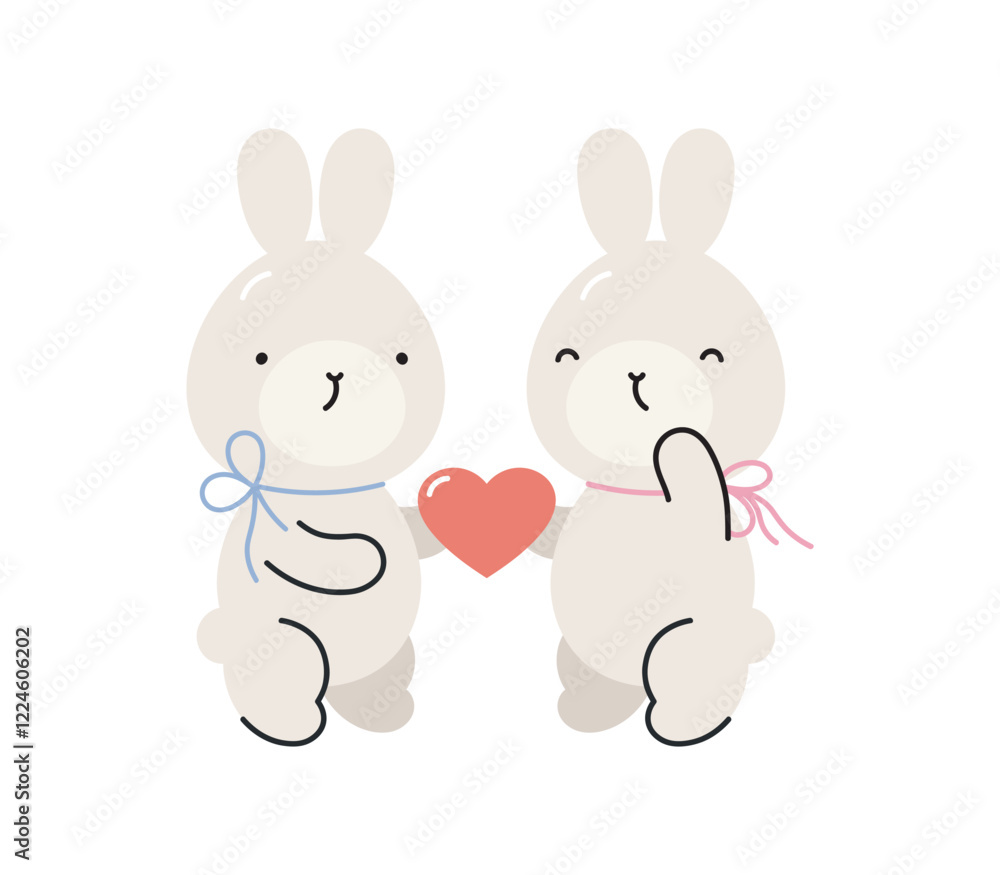 Сute rabbits with heart. Isolated on white background. Valentine's day design. For card, posters, stickers, banners, printing on the pack, printing on clothes, fabric, wallpaper. Сute rabbits with heart. Isolated on white background. Valentine's day design. For card, posters, stickers, banners, printing on the pack, printing on clothes, fabric, wallpaper.