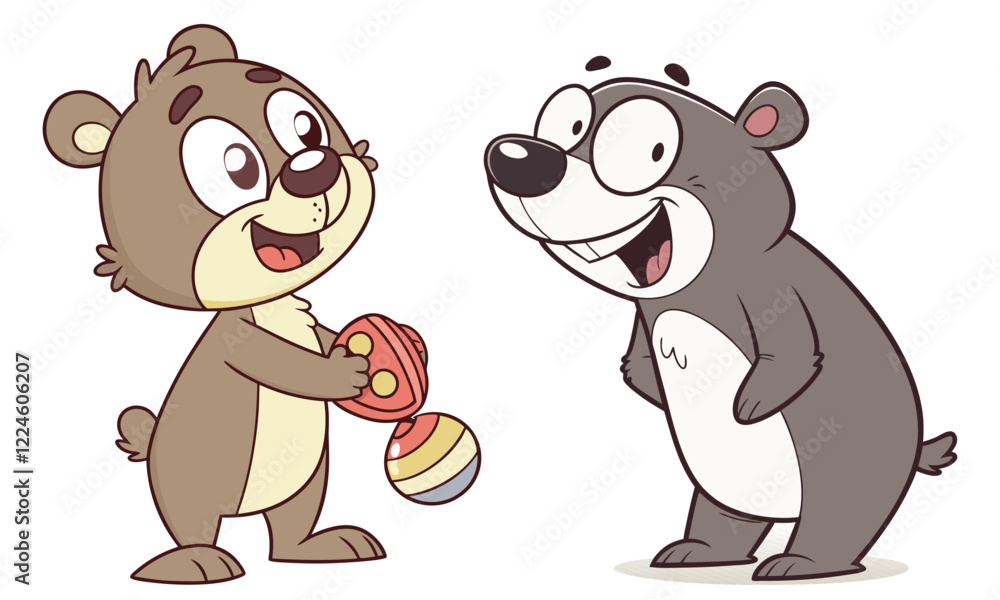 Fototapeta premium Cartoon bears. Happy bear, grizzly eats honey and brown bear character in funny poses illustration