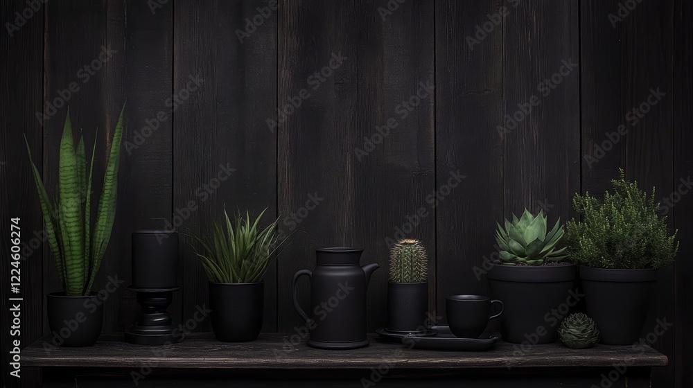 Fototapeta premium Dark Minimalist Still Life with Succulents and Coffee Pot
