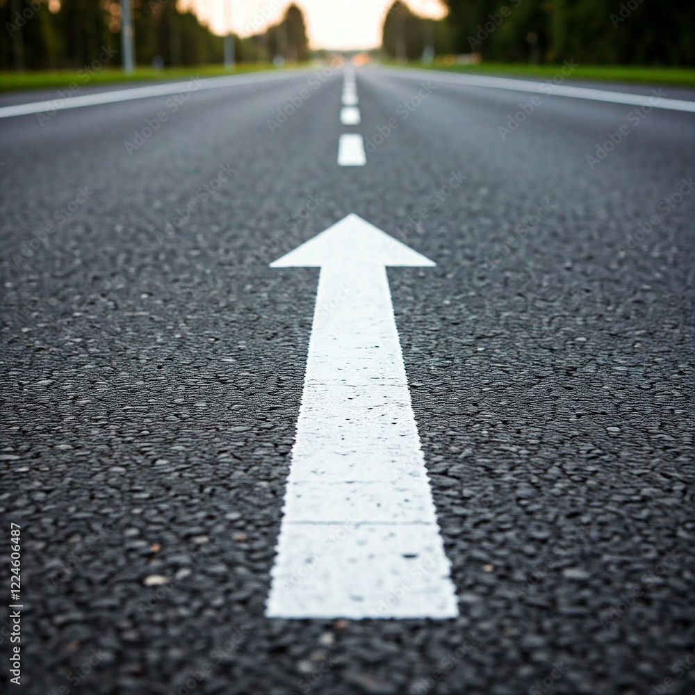 road in the sunset. low angle of white arrow on road showing goal. low angle empty road with white arrow. road in the sunset. low angle of white arrow on road showing goal. low angle empty road with white arrow.