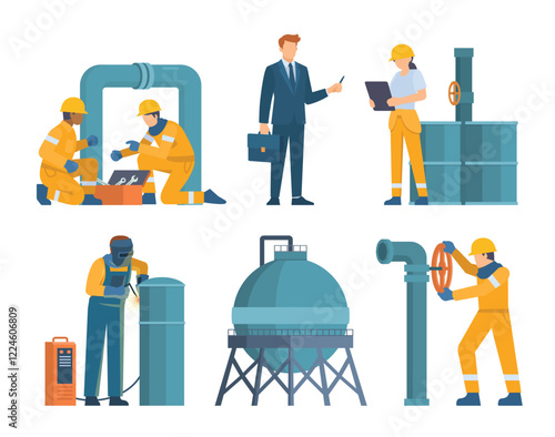 Oil and Gas Industry Workers Collection with Pipes and Industrial Elements. Editable Vector Illustration, Easy to Customize	