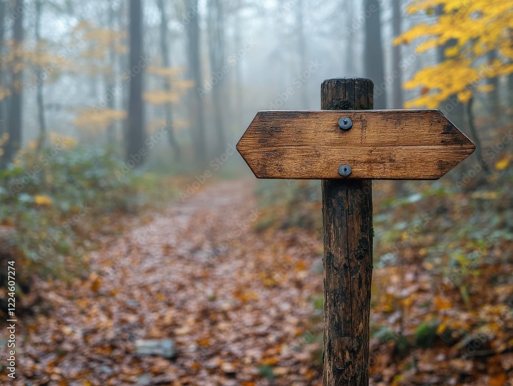 A misty forest with a wooden signpost marking a hiking trail, surrounded by glowing autumn leaves. A misty forest with a wooden signpost marking a hiking trail, surrounded by glowing autumn leaves.