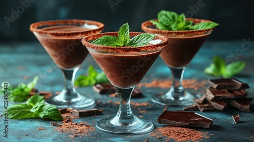 Mint chocolate cocktails served in elegant glasses on a dark background with chocolate pieces and fresh mint leaves